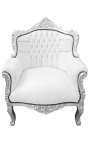Armchair "princely" Baroque style faux leather white and silver wood