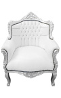 Fauteuil "princier" de style Baroque simili cuir blanc et bois argent