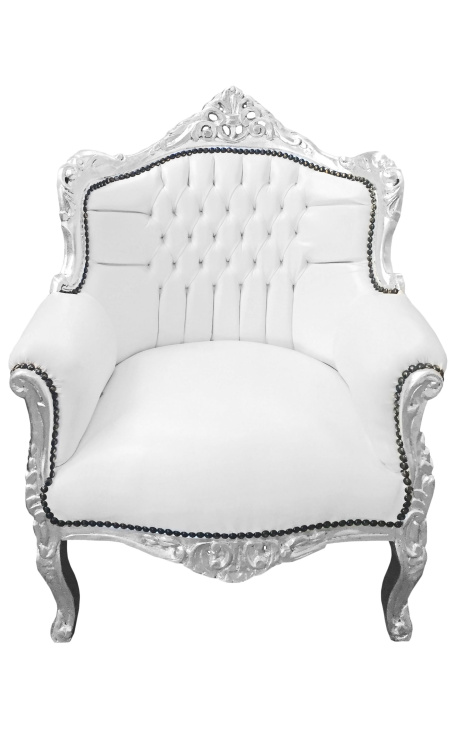 Sillón principe Barroque estilo pielette blanco y madera de plata