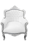 Sessel fürst Barock Lederette weiß und silber Holz