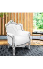 Fauteuil "princier" de style Baroque simili cuir blanc et bois argent