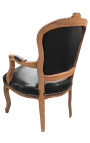 Lænestol i sort læder i Louis XV-stil og naturlig træfarve