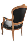 Fauteuil de style Louis XV simili cuir noir et bois naturel