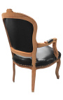 Fauteuil de style Louis XV simili cuir noir et bois naturel