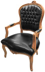 Fotel w stylu Ludwika XV, czarna ekoskóra i naturalny kolor drewna