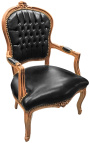 Fotelja od crne umjetne kože u stilu Luja XV i prirodne boje drveta