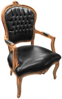 Fauteuil de style Louis XV simili cuir noir et bois naturel