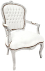 Barok lænestol af stil Louis XV hvidt kunstlæder og sølvtræ