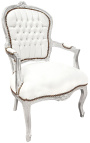 Fauteuil baroque de style Louis XV simili cuir blanc et bois argent