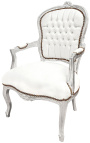 Baroque armchair of style Louis XV white leatherette and silver wood