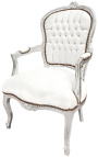 Fauteuil baroque de style Louis XV simili cuir blanc et bois argent