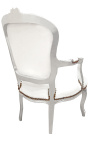 Fauteuil baroque de style Louis XV simili cuir blanc et bois argent