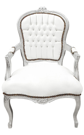 Barokowy fotel w stylu Ludwika XV, biała skóra i srebrne drewno