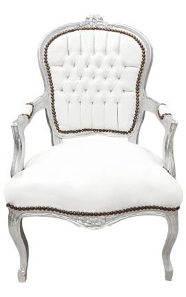 Fauteuil baroque de style Louis XV simili cuir blanc et bois argent