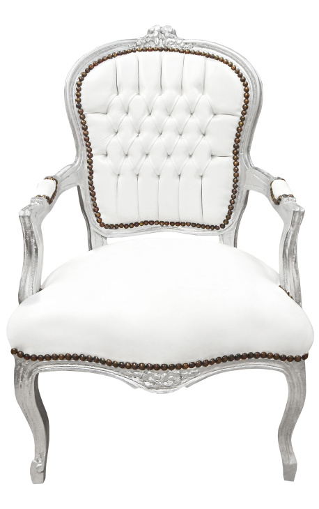 Stiliaus baroko fotelis Louis XV balta odos ir sidabro mediena - 1