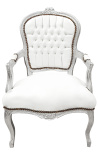 Fauteuil baroque de style Louis XV simili cuir blanc et bois argent