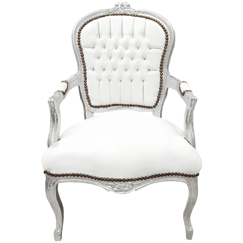 Baroque Armchair Of Style Louis Xv, White Leather Arm Chair