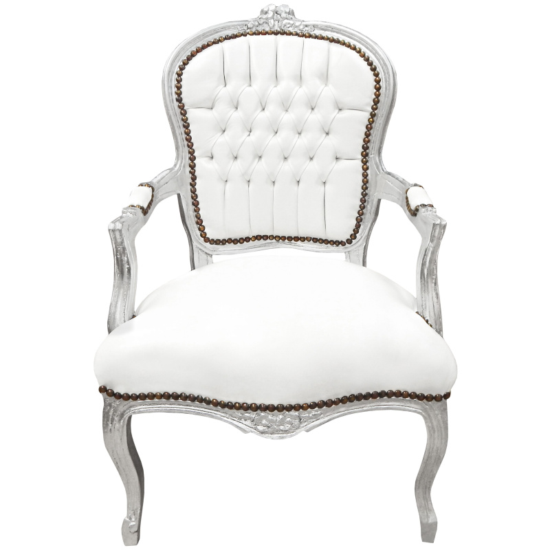 Baroque Armchair Of Style Louis Xv White Leatherette And Silver Wood Baroque Armchair Of Style Louis Xv, White Leather Arm Chair