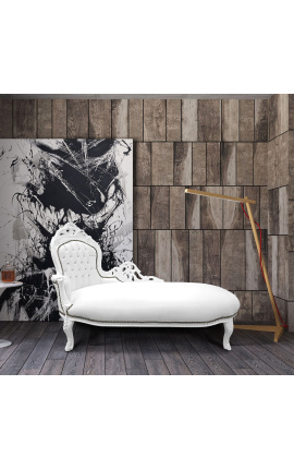 Gran cama barroca chaise longue piel blanca y madera blanca