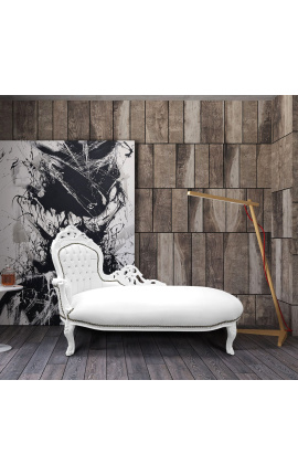 Große Barock-Chaiselongue aus weißem Kunstleder und weißem Holz
