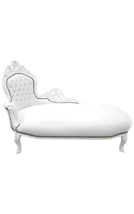 Grande chaise longue barroca em tecido de imitação de pele branca e madeira branca