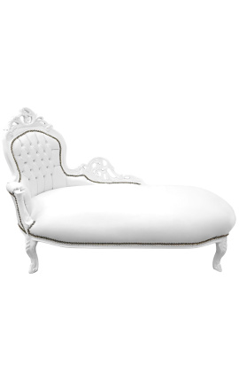 Chaise longue barroca gran de teixit d'imitació de pell blanca i fusta blanca