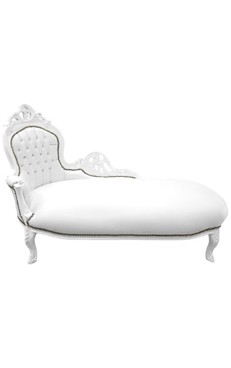 Grande méridienne baroque tissu simili cuir blanc et bois blanc