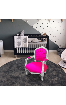 Armchair for child fuchsia velvet and silver wood