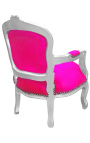 Fauteuil baroque enfant velours rose fuchsia et bois argent