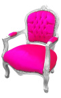 Fauteuil baroque enfant velours rose fuchsia et bois argent