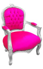 Fauteuil baroque enfant velours rose fuchsia et bois argent