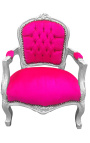 Fauteuil baroque enfant velours rose fuchsia et bois argent