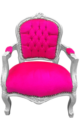 Baroque armchair for child fuchsia velvet and silver wood
