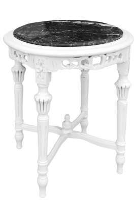 Хубава кръгла бяла лакирана дървена маса с цветя от черен мрамор в стил Луи XVI