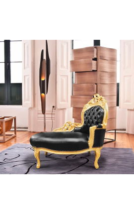 Baroque chaise longue black leatherette with gold wood