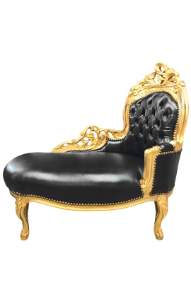 Chaise longue barroca tela de imitación de cuero negro y madera dorada