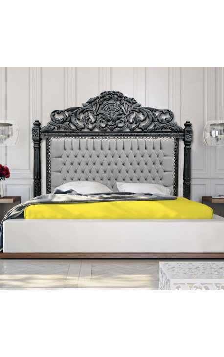 Barokní čelo postele šedý samet a matné černé dřevo