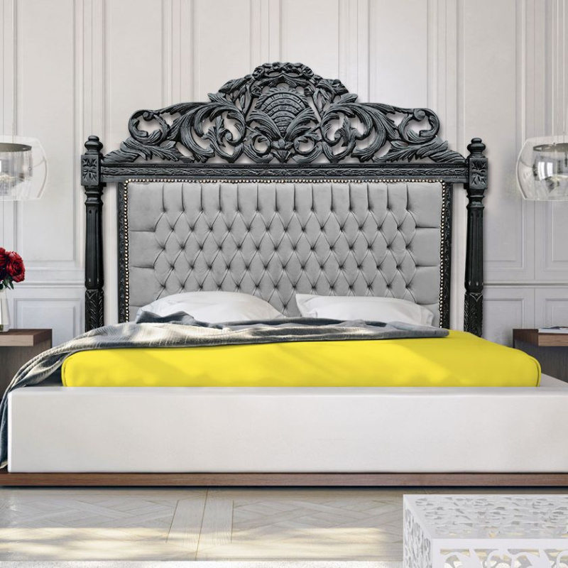 Baroque Bed Headboard Grey Velvet And Matte Black Wood