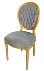 Cadeira estilo Louis XVI tecido de veludo cinza e madeira dourada patinada
