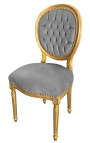 Chaise de style Louis XVI tissu velours gris et bois doré patiné