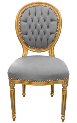 Louis XVI štýl stolička sivá a plachý zlaté drevo