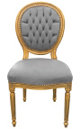 Chaise de style Louis XVI tissu velours gris et bois doré patiné
