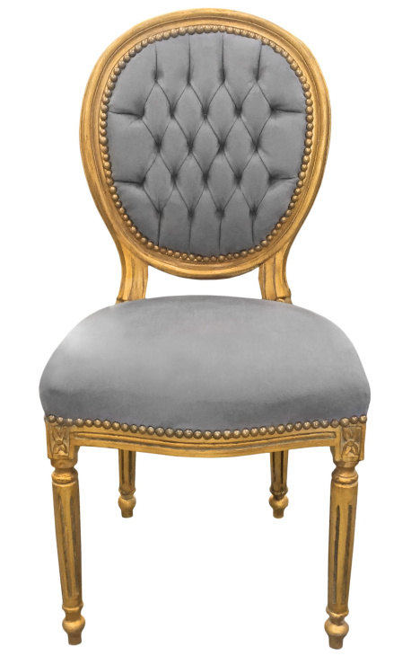 Chaise de style Louis XVI tissu velours gris et bois doré patiné