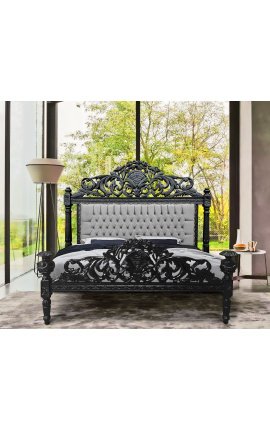 Baročna postelja v sivem žametu in mat črnem lesu