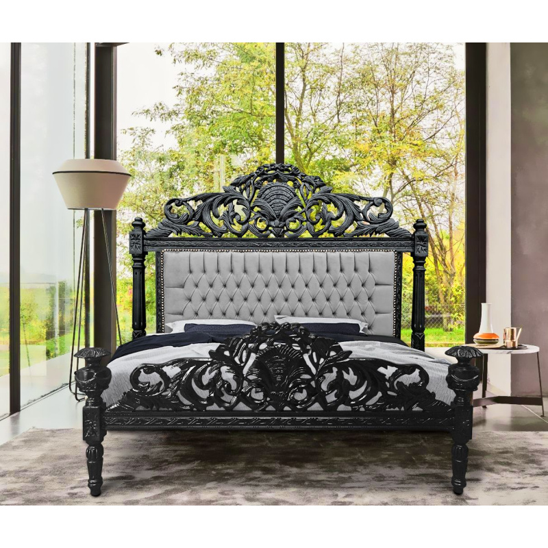 Baroque Bed In Gray Velvet And Matte, Black Baroque Bed Frame
