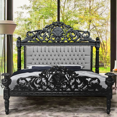 Baroque bed in gray velvet and matte black wood