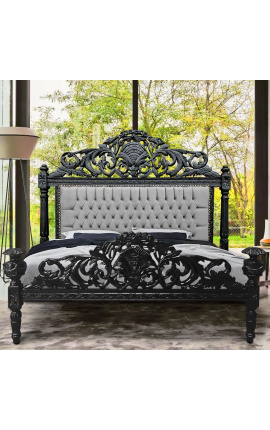 Barokinė lova iš pilko aksomo ir matinės juodos medienos