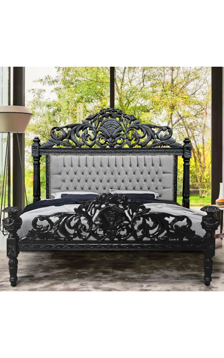 Baroque bed in gray velvet and matte black wood