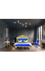 Barok hoofdeinde bed donkerblauw fluwelen stof en goud hout