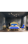 Barokní čelo postele tmavě modrá sametová látka a zlaté dřevo